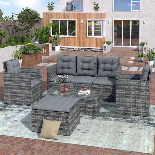 Cesicia 5-Piece Outdoor UV-Resistant Patio Sofa Set with Storage Bench PE Wicker Coversation Set with Glass Table, Gray Cushion