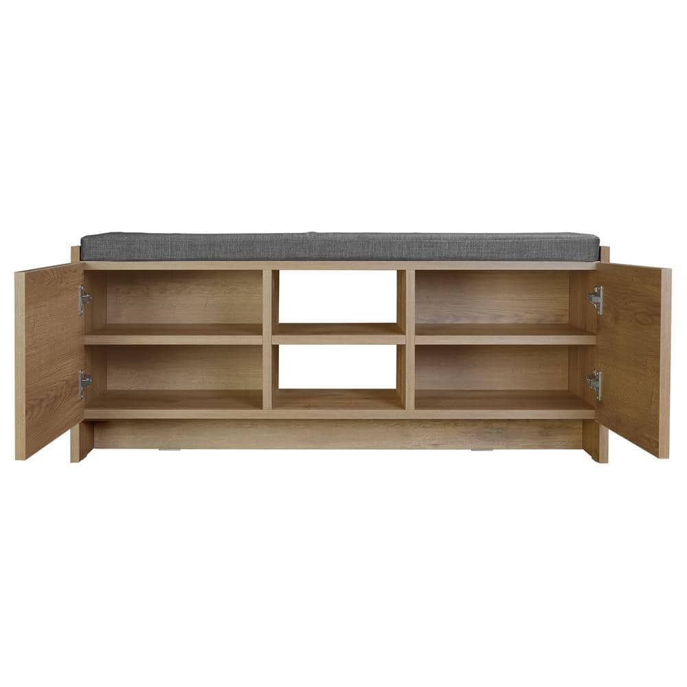 Rustic Walnut Shoe Storage Bench with Shelves and Cushion