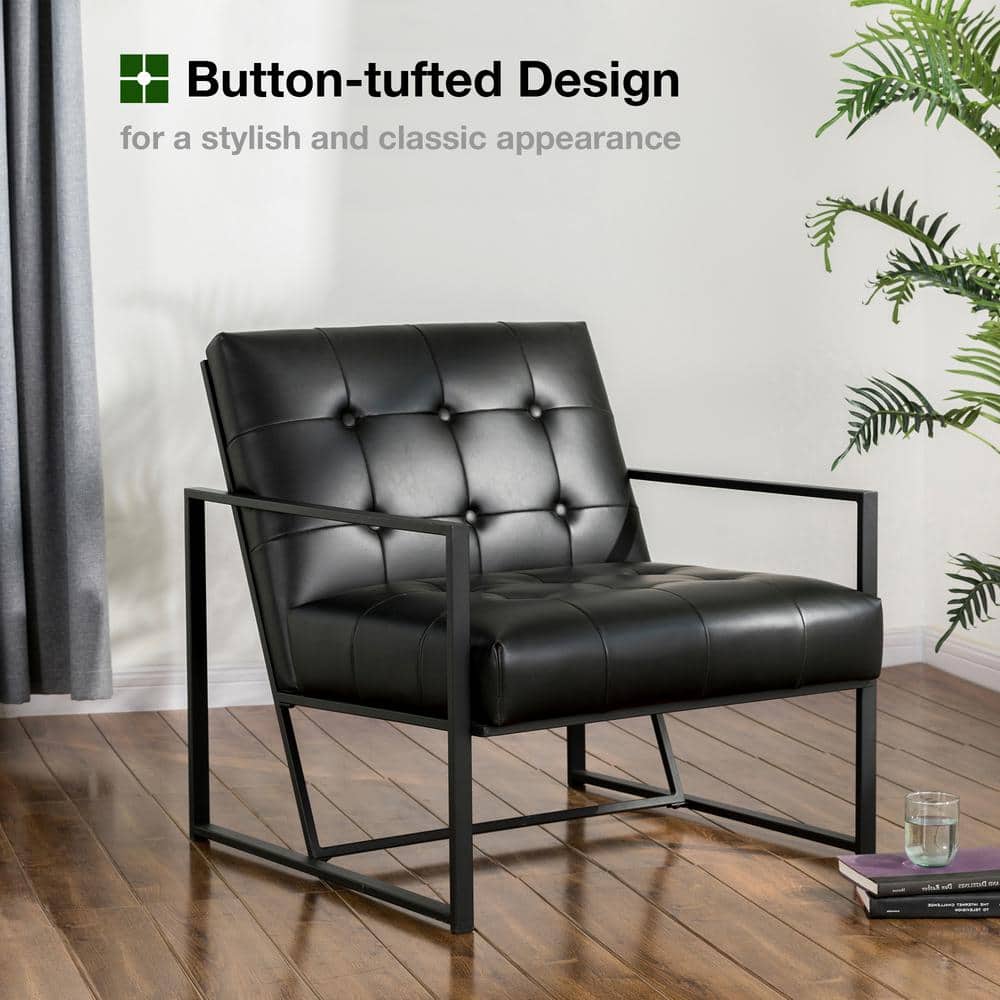 Modern Black Faux Leather Barrel Accent Chair with Metal Frame