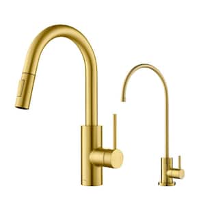 Oletto Single Handle Pull-Down Kitchen Faucet and Purita Beverage Faucet in Brushed Brass