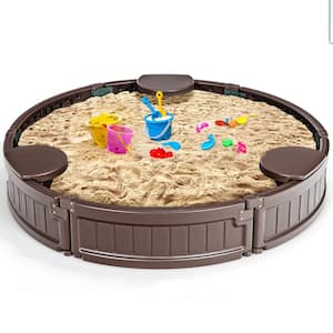 4 ft. x 4 ft. Plastic Round Sandbox with Built-In Corner Seat, Cover, Bottom Liner for Outdoor Play