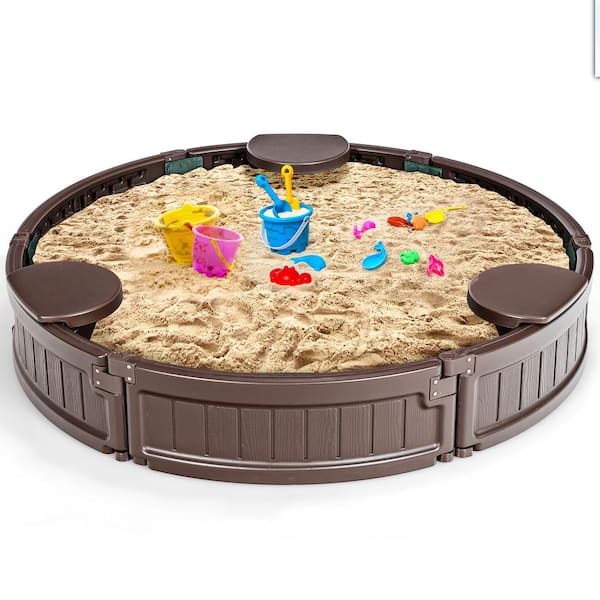 Costway 4 ft. x 4 ft. Plastic Round Sandbox with Built-In Corner Seat, Cover, Bottom Liner for Outdoor Play