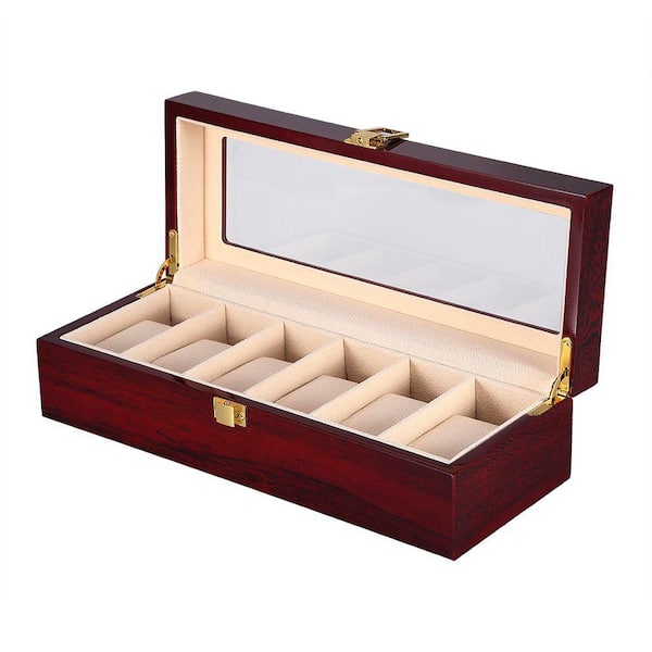 Unbranded 6-Slot Wooden Watch Box with Glass Lid, Removable Pillows & Metal Clasp, Red, 4.33 in. x 12.4 in. x 3.35 in.