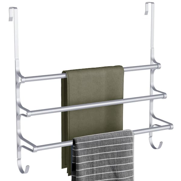 24.2 in. L 3-Bar Over The Door Towel Rack in Silver Gray, Triple Towel Storage Holder with Hooks for Bathroom