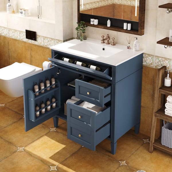 30 in. Single Sink Freestanding Blue Bath Vanity with White Ceramic Sink Top