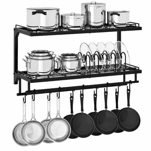 Black Wall-Mounted 2-Tier Pot Rack with 10 Hooks, 5 Removable Dividers and Heavy-Duty Frame for Cookware