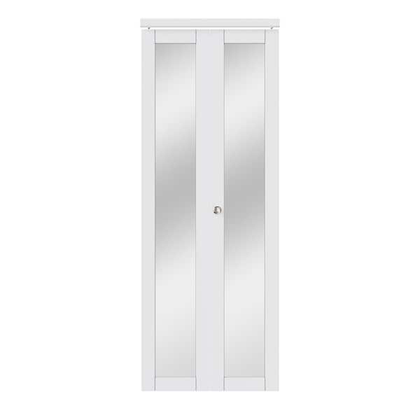 32 in. x 80 in. 1-Lite Mirrored Glass and Solid Core White Finished Close MDF Bi-Fold Door with Hardware