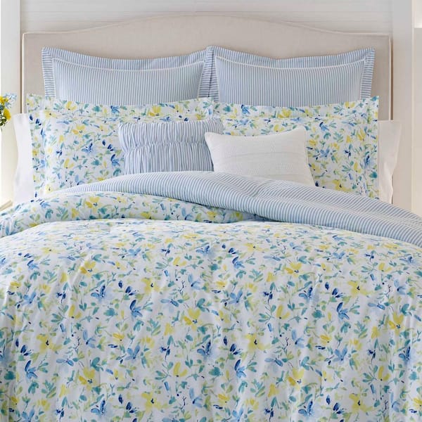 Laura Ashley Nora 5-Piece Bright Blue Floral Cotton Twin Bonus Comforter Set  USHS8K1104455 - The Home Depot