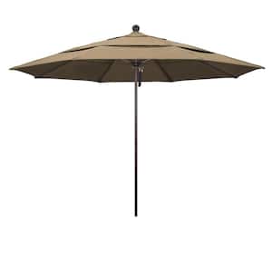 11 ft. Bronze Aluminum Commercial Market Patio Umbrella with Fiberglass Ribs and Pulley Lift in Heather Beige Sunbrella