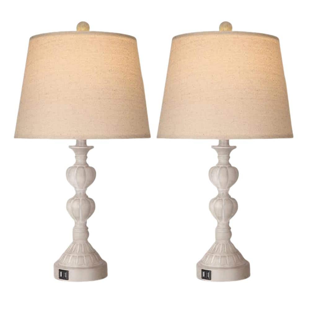 2-Pack 23 in. H Rustic White Table Lamp with Touch Control and 2 USB Chargi