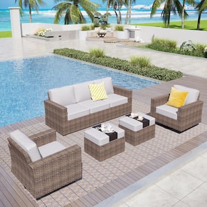 Brown Rattan Wicker 5-Piece Outdoor Patio Conversation Set with Swivel Rocking Chairs, Ottomans, and Light Gray Cushions