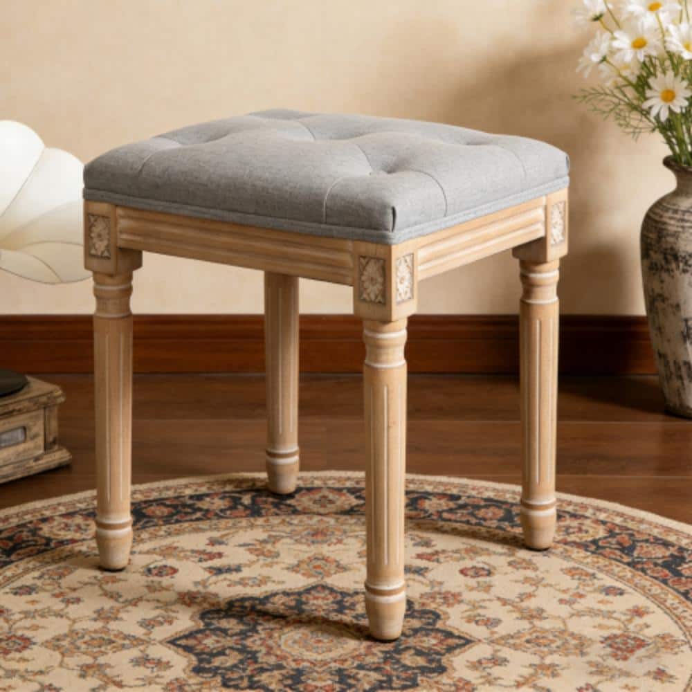 Gray Tufted Vanity Stool – Linen Upholstery, Carved Solid Wood Legs, 300LBS Capacity