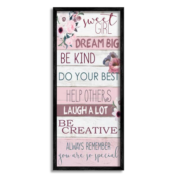 Stupell Industries "Sweet Girl Inspirational Phrases Soft Pink Florals" by Kim Allen Framed Typography Wall Art Print 13 in. x 30 in.