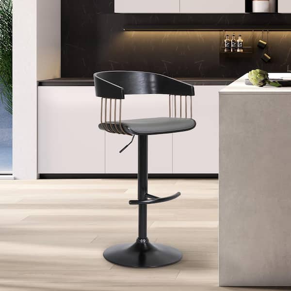 Armen Living Larisa Adjustable 33 in. Grey/Black and Golden Bronze Metal/Wood Bar Stool with Grey Faux Leather Seat