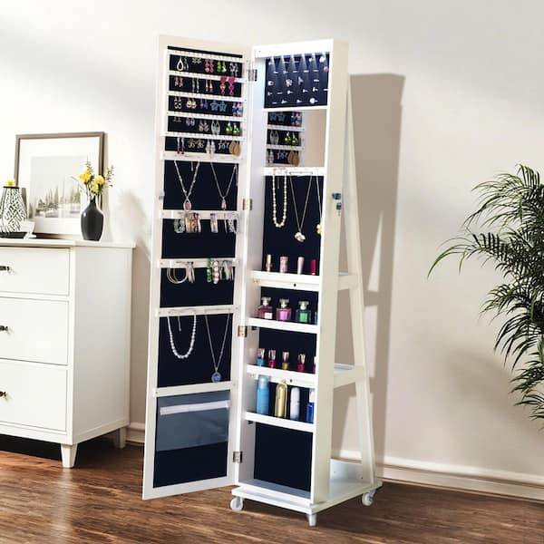 Seafuloy White Full-Length Mirror 360° Swivel Storage Jewelry Box with LED Lights and Rollers, Lockable Storage and Velvet Lining