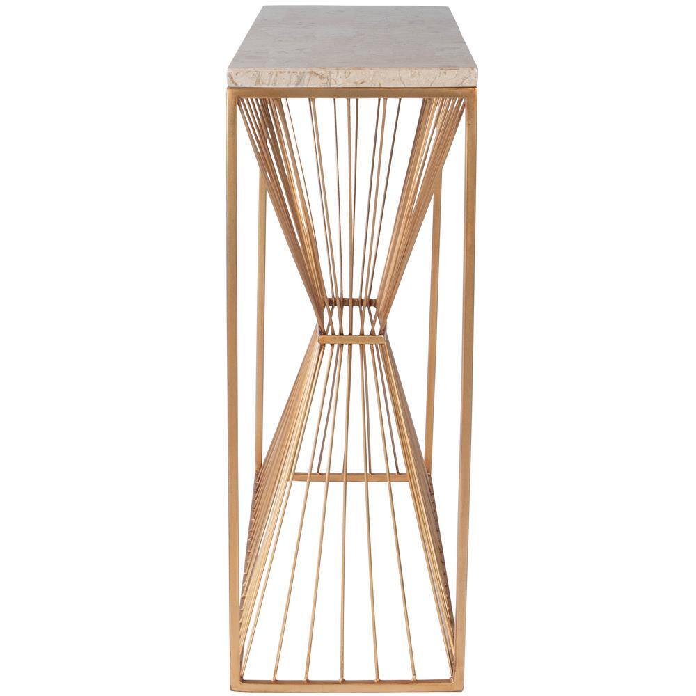 Cosmo Cream Fossil Stone and Gold Metal Console Table