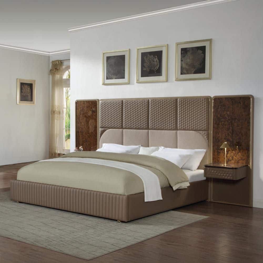 Caspian Brown and Beige Microfiber Leather and Glossy Wood Grain 24 in. W Nightstand