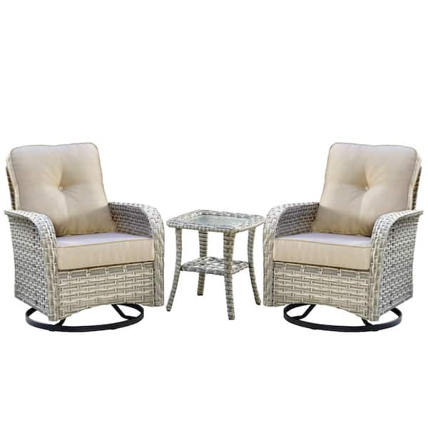 Clara 3-Piece Wicker Outdoor Patio Conversation Swivel Chair Set with a Side Table and Beige Cushions