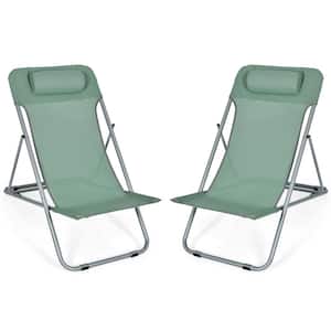 Beach Chair Portable 3-Position Lounge Chair with Headrest Green (Set of 2)