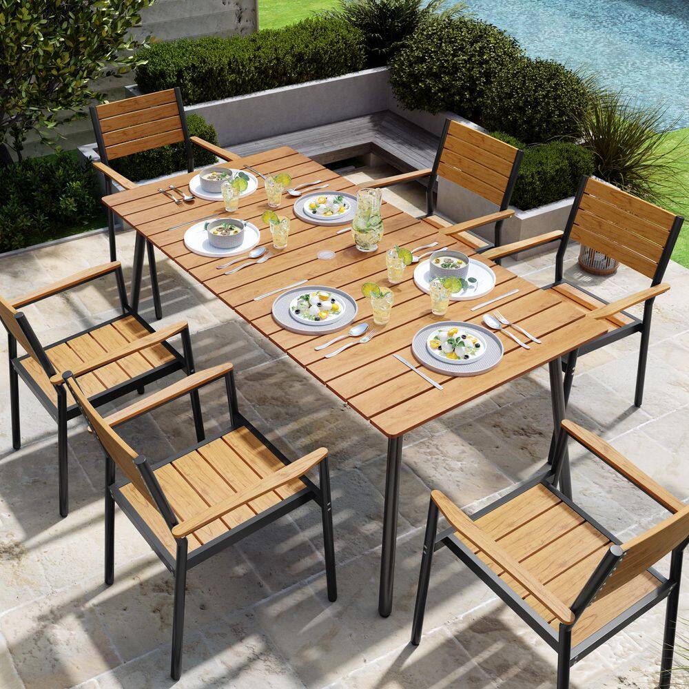 7-Piece Faux Wood Aluminum Rectangular Outdoor Dining Set in Brown with Stackable Arm Chairs and Umbrella Hole price history on PriceWatchPro