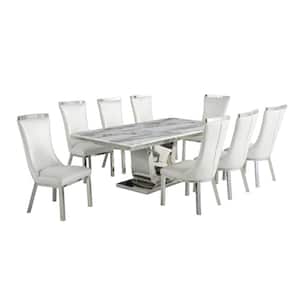 Ada 9-Piece Rectangular White Marble Top With Stainless Steel Base Table set With 8-White Faux Leather Chairs