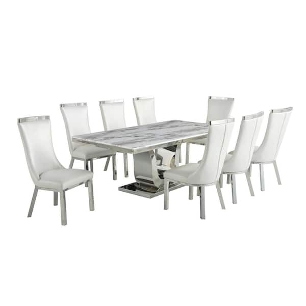 Best Quality Furniture Ada 9-Piece Rectangular White Marble Top With Stainless Steel Base Table set With 8-White Faux Leather Chairs