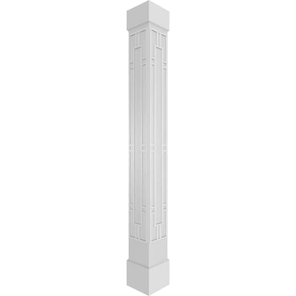 Ekena Millwork 9-5/8 in. x 9 ft. Premium Square Non-Tapered Hastings Fretwork PVC Column Wrap Kit w/Standard Capital and Base