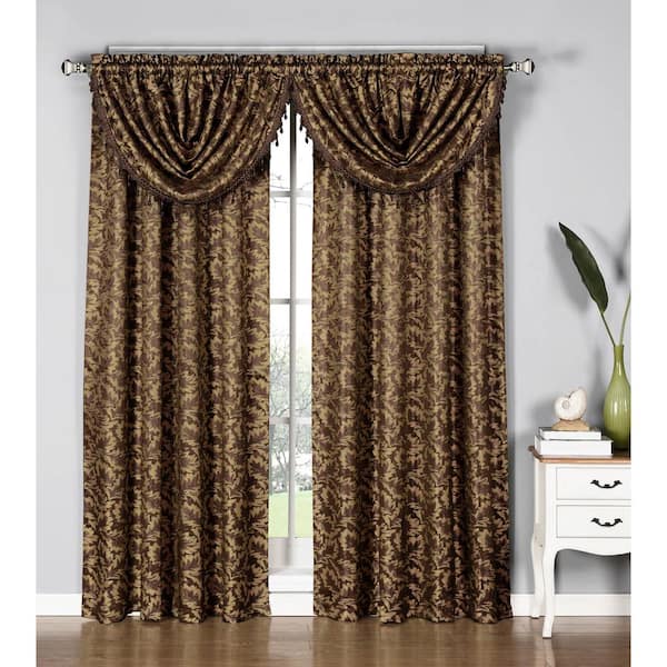 Window Elements Dawson Shimmering Leaf 19 in. W x 44 in. L Waterfall Window Valance in Chocolate