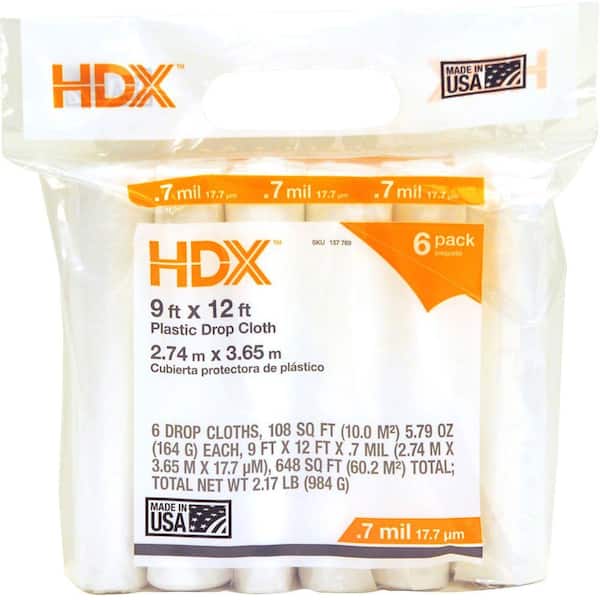HDX 9 ft. x 12 ft. 0.7 mil Plastic Drop Cloth (6-Pack)