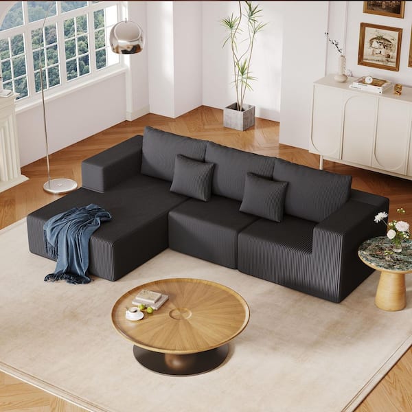 anpport Modern 108.3 in. Square Arm 3-Piece L-Shaped Corduroy Modular Sectional Sofa in Dark Grey with Chaise Lounge