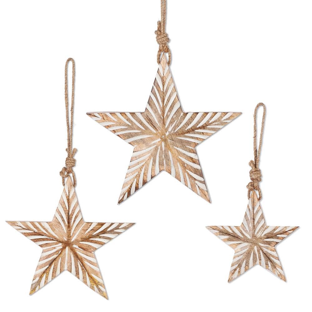 Set of 3 Brown Mango Wood Hanging Stars