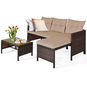 Patio Corner Sofa Set 3-Piece Wicker Outdoor Sectional Set Rattan Sofa Set in Brown
