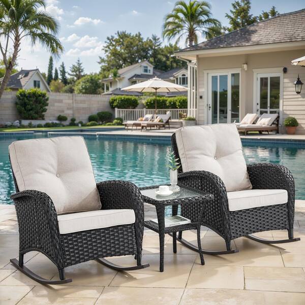 SleekArm 5-Piece Black Wicker Outdoor Rocking Chair with Olefin Beige Cushion/Ottomans