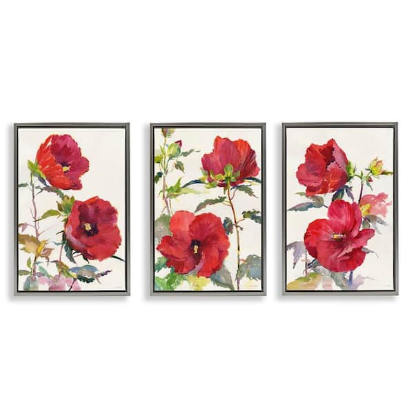Stupell Industries Traditional Red Poppies by Theresa Troise Heidel 3 Pieces Gray Floater Frame Nature Graphic Art Print 25 in. x 17 in.