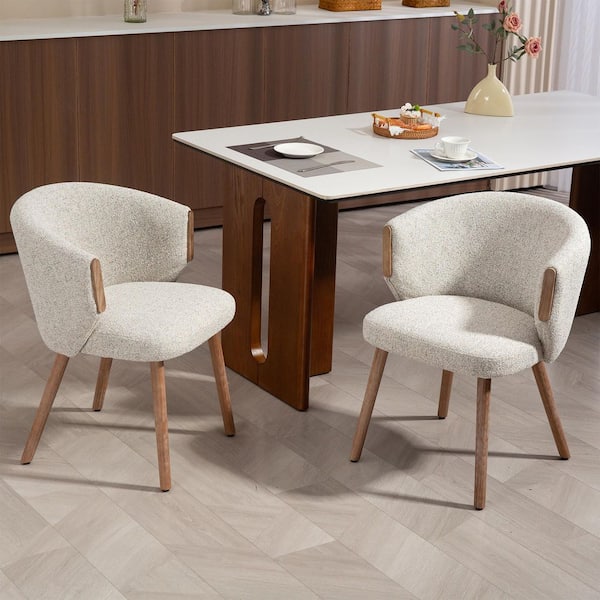 Bernice Beige Washed Boucle Fabric Dining Chair with Natural Wood Arms and Legs Set of 2