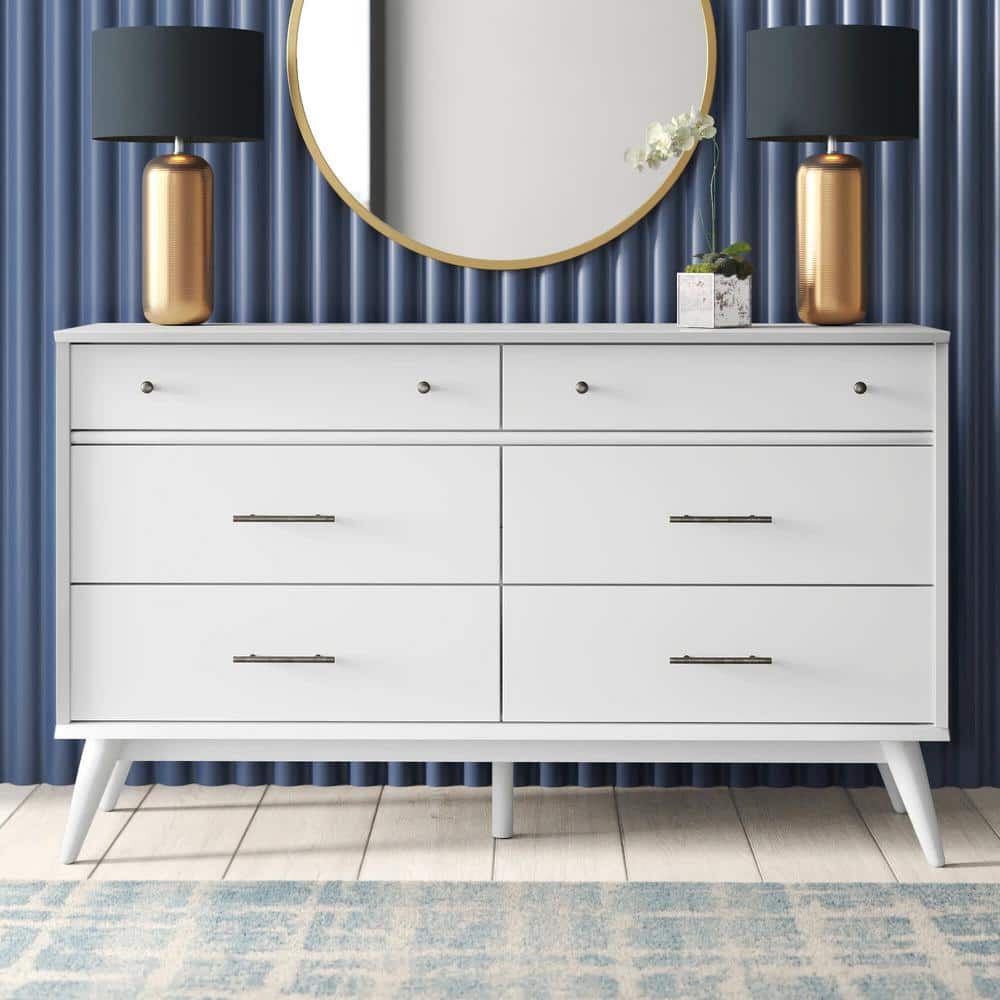 White Solid Wood Mid-Century Modern 6-Drawer Dresser