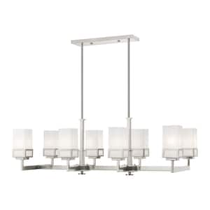 Delchester 8-Light Brushed Nickel Linear Chandelier with Satin Opal White Glass Square Square