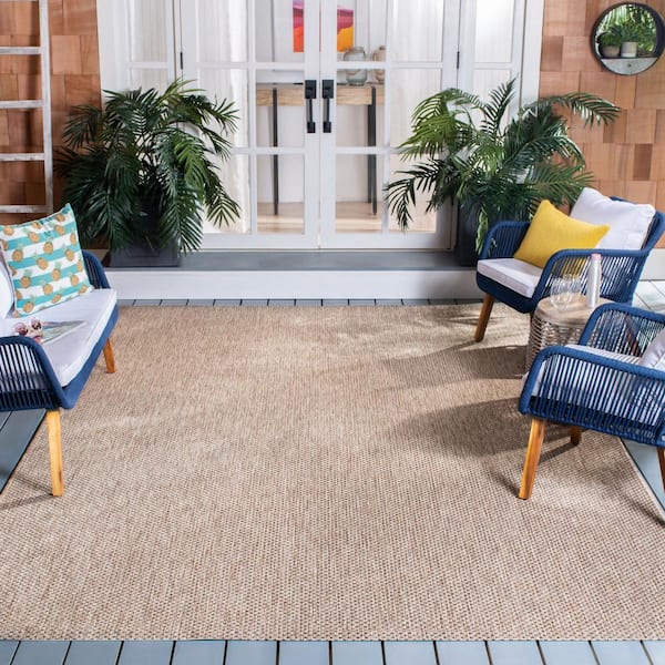 Courtyard Natural/Black 9 ft. x 9 ft. Solid Distressed Indoor/Outdoor Patio  Square Area Rug