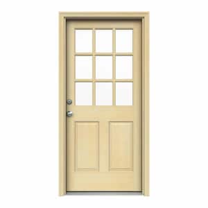 30 in. x 80 in. 9 Lite Unfinished Wood Prehung Right-Hand Inswing Entry Door w/Rot Resistant Jamb and Brickmould