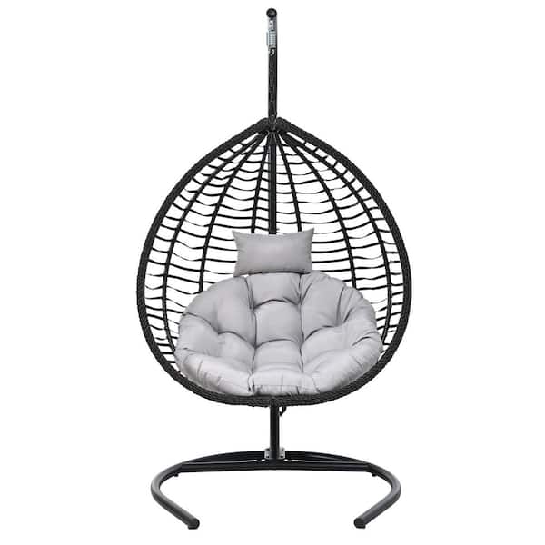 6.5 ft. Black Wicker Outdoor Foldable Rattan Hammock Egg Chair With Iron Frame Stand & Gray Cushion, Removable Headrest