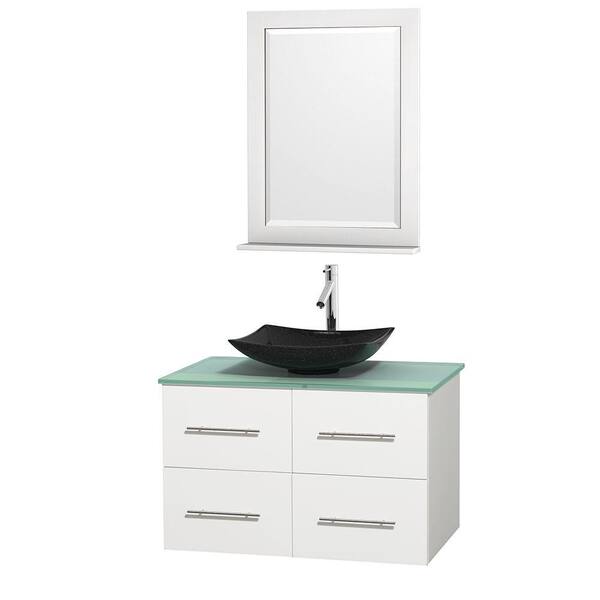 Wyndham Collection Centra 36 in. Vanity in White with Glass Vanity Top in Green, Black Granite Sink and 24 in. Mirror