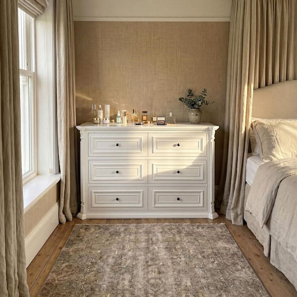 Homsee White 6-Drawer 55.1 in. Wide Chest of Drawers with Metal
