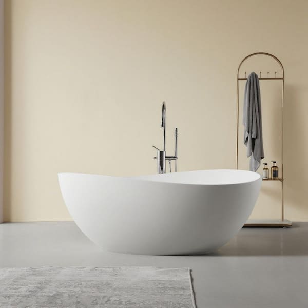 Luna 63 in. x 37.4 in. Stone Resin Solid Surface Freestanding Soaking Bathtub in White w/ Plenty of Room to Stretch Out