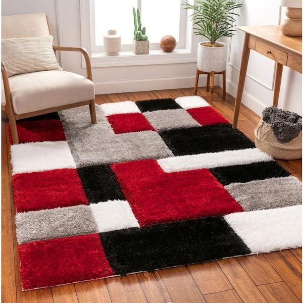 San Francisco Escondido Red Modern Geometric Squares 5 ft. 3 in. x 7 ft. 3 in. 3D Carved Shag Area Rug
