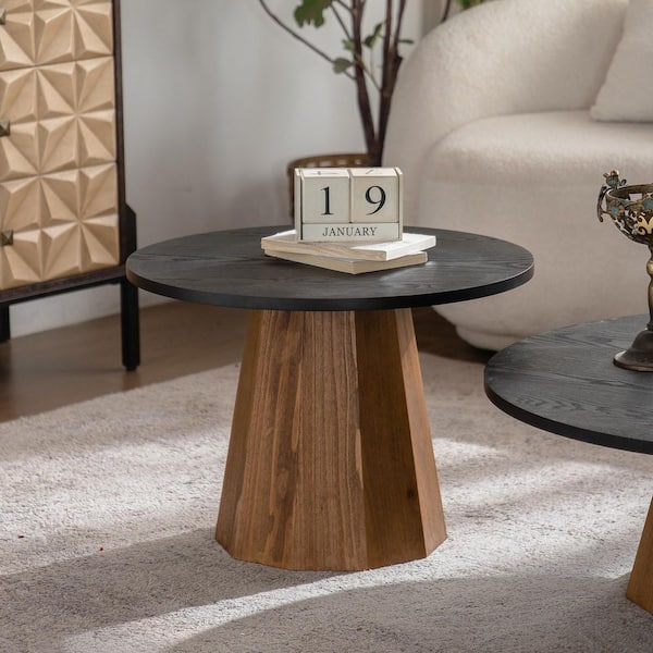 Brennor Modern 23.62 in. Black and Wood Finish Round MDF Wood Coffee Table Side End Table