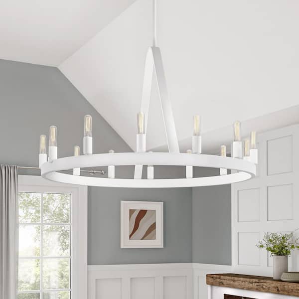 Carousel 14-Light Matte White Modern Wagon Wheel Chandelier for Dining Areas with No Bulbs Included