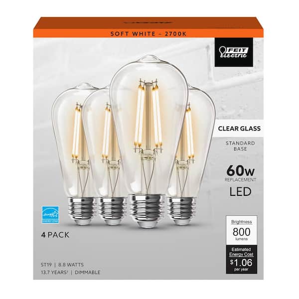 60-Watt Equivalent ST19 Dimmable Straight Filament Clear Glass E26 Vintage Edison LED Light Bulb, Soft White (16-Pack)