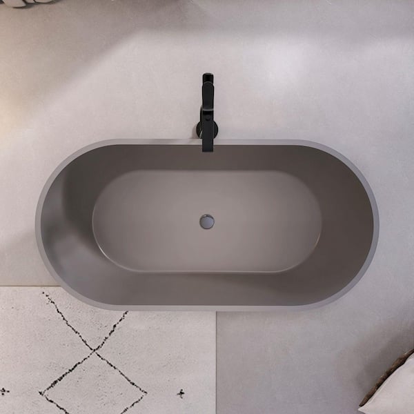 Pure 59 in. x 29.5 in. Solid Surface Stone Resin Freestanding Flatbottom Soaking Bathtub in Matte Gray