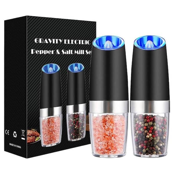 Gravity Electric Pepper and Salt Grinder Set, Adjustable Coarseness, LED Light, One Hand Operation, 2 Pack/Black