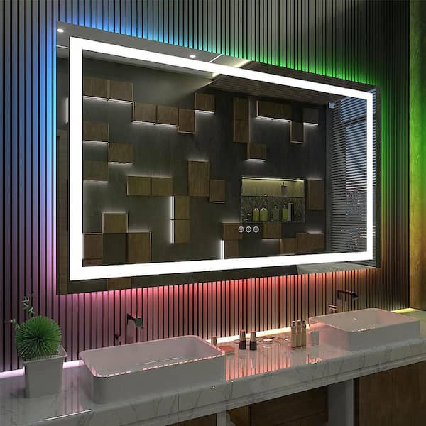 60 in. W x 36 in. H Rectangular Frameless RGB Backlit & LED Frontlit Anti-Fog Tempered Glass Wall Bathroom Vanity Mirror